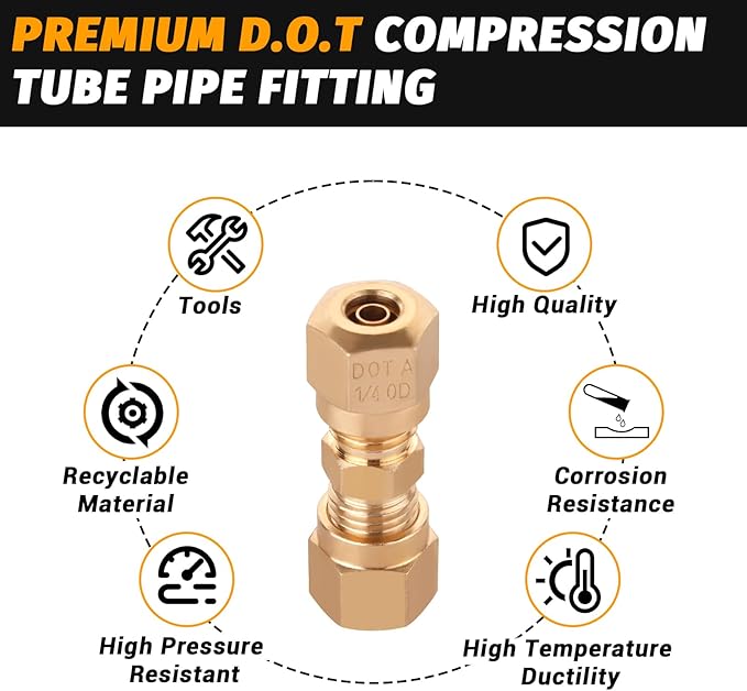 Air Brake Nylon Tubing Brass Union Fitting, 1/4" Air Compression Straight Union Fittings for Nylon Hose with D.O.T Approved (Pack 4)