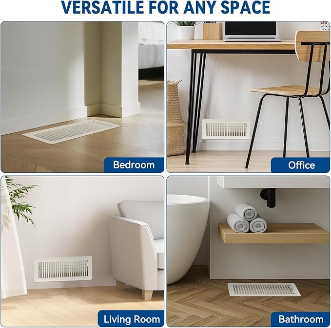 4" x 12" Floor Register Vent Covers 2-Pack, Walkable Powder-Coated Metal Vent Covers with Adjustable Airflow, Curved Safe Edges for Floor/Wall, White