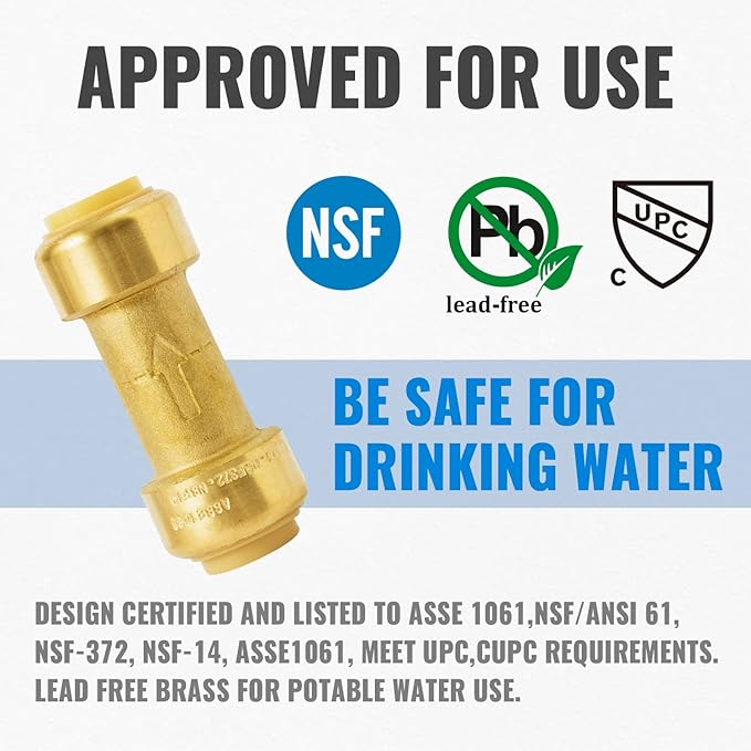 SUNGATOR Check Valve, 1/2 Inch Push-to-Connect, 2-Pack Push Fit Plumbing Fittings with Disconnect Clip, No Lead Brass PEX Fittings for Copper, PE-RT, CPVC Pipe