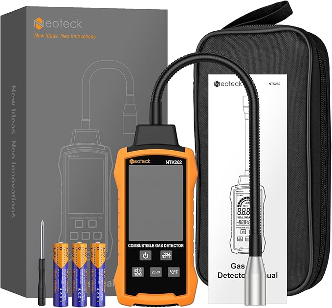 Neoteck Natural Gas Detector 0-9999PPM/0%-20% LEL Gas Leak Detector with 12” Gooseneck Combustible Gas Detector with 3 Sensitive Modes Test Methane Propane Gasoline for Gas Pipeline Gas Stove and RV
