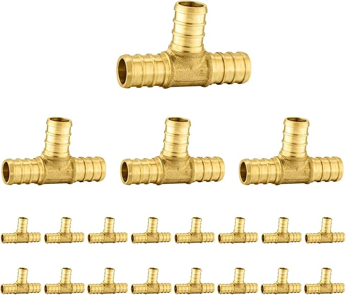 Pack Of 20 Foskan PEX Fittings, 3/4"x3/4"x3/4" Reducing Tee, Brass Barb Crimp PEX Fittings for Hot or Cold Water Distribution