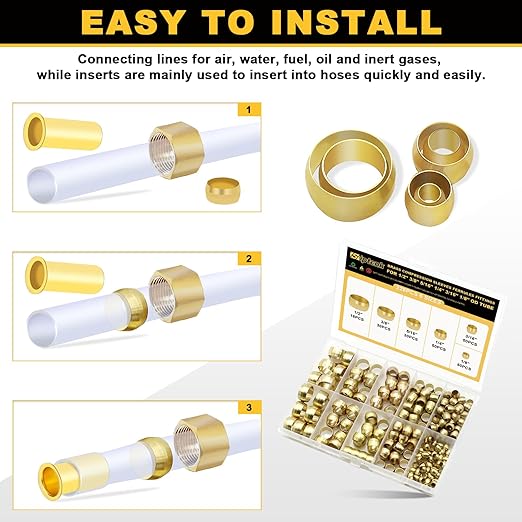 Siptenk 228PCS Brass Compression Sleeves Ferrules for Tube OD 1/2" 3/8" 5/16" 1/4" 3/16" 1/8", 6 Sizes Hose Compression Fitting Brass Ferrule Kit for DOT Air Brake Lines