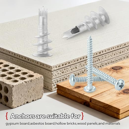 200pcs Drywall Anchors, Zinc Self-Drilling Anchor and Screw with Cross Groove Drill Bit, Fasteners Wall Anchors