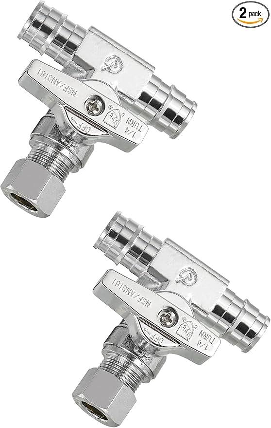 2-Pack EFIELD Pex A Expansion Stop Tee Valve 1/2" PEX x 1/2" PEX x 3/8 Inch OD Compression, Chrome Plated,(VALVE132)