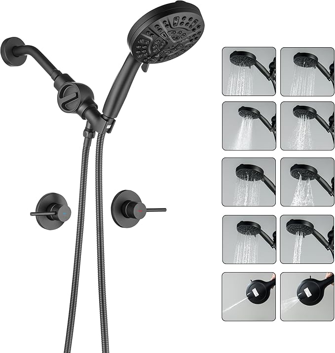 2 Handle Shower Faucet Set with Filter Shower Head Holder Matte Black 2 knobs Shower Faucet Set, Wall Mounted