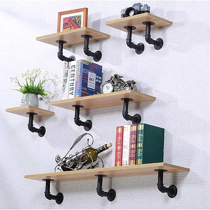 Janyang Industrial Pipe Shelf Brackets for 8 10 12 14 inches Board, Iron L Pipe Floating Shelves, Heavy Duty Metal Shelving Brackets - 6 Pack Black