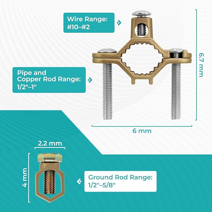 Copper Ground Clamp Set, Includes 2Pcs Grounding Rod (1/2”-5/8”) & 2 Pipe/Conduit Clamp (1/2”-1”)