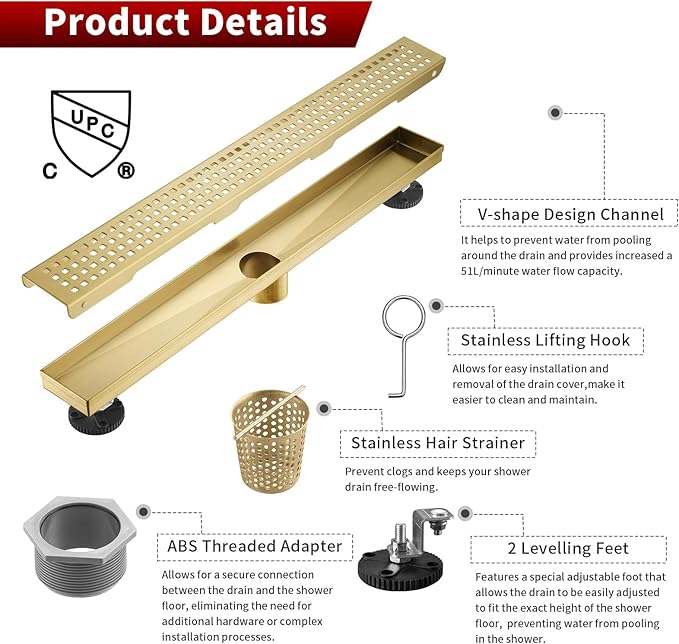 Sharp-tec 24 inch Linear Shower Drain, Gold Rectangular Floor Drain, V-Shape Design Drain Channel, 304 Stainless Steel, cUPC Certificated for Bathroom Shower (Drain Base is Not Included)