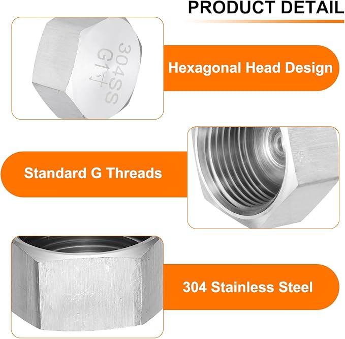 uxcell 2pcs Hex End Cap 304 Stainless Steel Nut with Washer, G1" Female Thread Pipe Fitting, Gas Line Water Line Stop Valve Cap Tubing Ends for Plumbing Fittings, Silver Tone