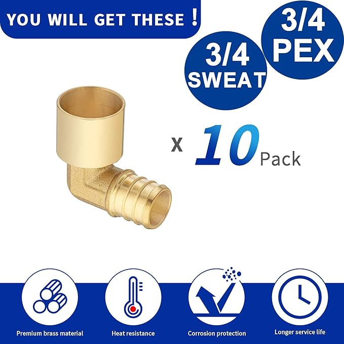 (10 Pack) Lidertik Copper to Pex Fittings 3/4 inch Elbow, 3/4" Pex B F1807 x 3/4" Female Sweat Elbow Adapter Brass LI-APXFSE3434(10 Pieces)