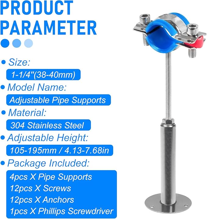 Kodilin 4PCS 304 Stainless Steel Wall Mount Ceiling Mount Pipe Supports,Suitable for OD Pipe 1-1/4"(38-40mm),Adjustable Height 100-200mm,Adjustable Pipe Strap Clamp with Screws
