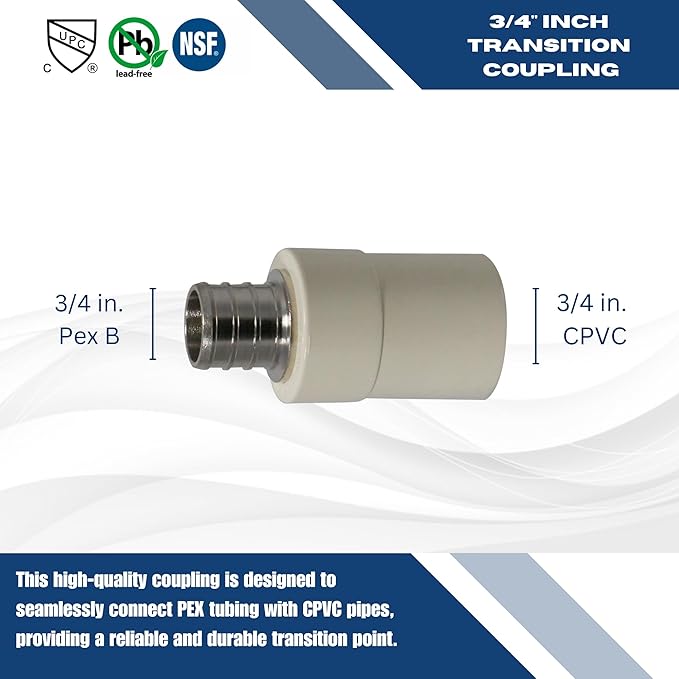 XFITTING 3/4 inch Pex X 3/4 inch Cpvc Coupling, Transition Coupling, Brass Pex B Crimp Fittings - Brass, 2 Pieces
