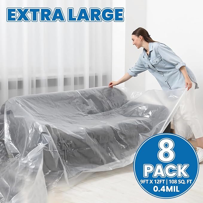 8 Pack Plastic Drop Cloth, 9 x 12 Feet Plastic Sheeting, Painter's Sheeting & Tarps for Painting, Dustproof Painters Plastic Tarp for Furniture Cover