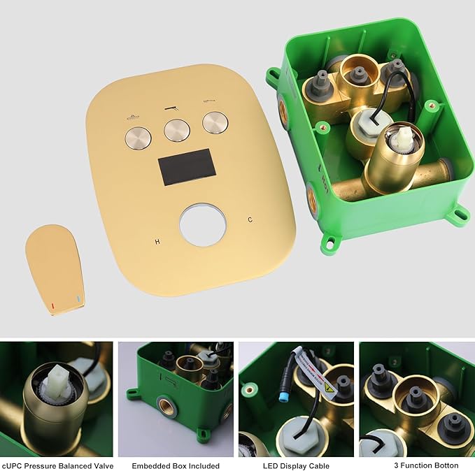3 Way Shower Diverter Valve Push-Button Temperature Display Modern Bathroom Concealed Faucet Valve Rough-In Mixing Shower Valve Kit Replacement Can Work At The Same Time, Brushed Gold