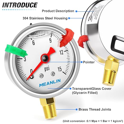 MEANLIN MEASURE 0~15Psi Pressure Gauge, Glycerin Filled 1/8" NPT 1.5" FACE DIAL, Stainless Steel Liquid Filled Pressure Gauge WOG Water Oil Air Lower Mount (with 2PCS Snaps)