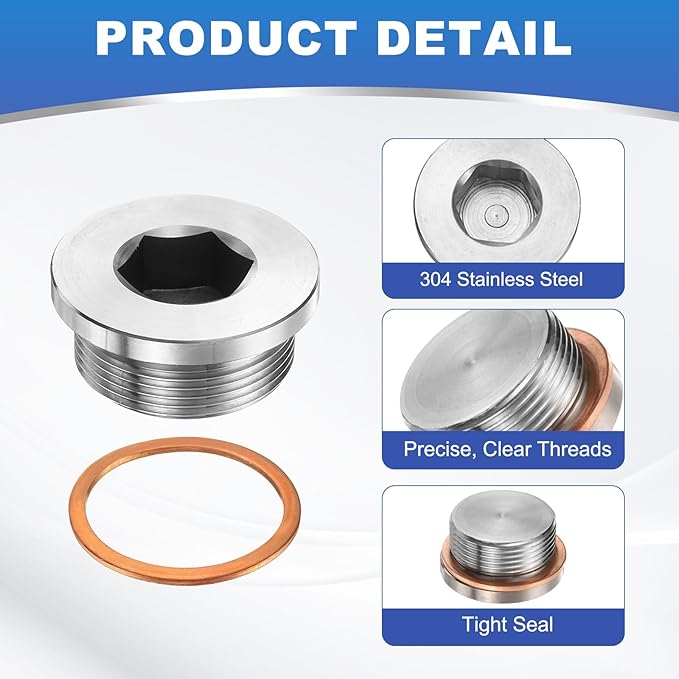 PATIKIL M42 x 2 Metric Pipe Plug Fitting, 304 Stainless Steel Internal Hex Head Socket Pipe Cap Adapter Connector with Copper Washer for Sealing Oil Gas Water