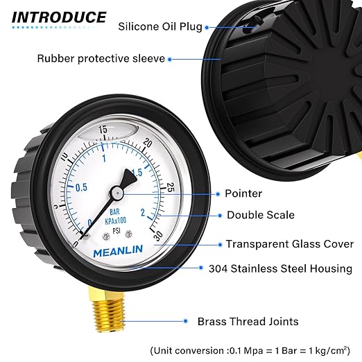 MEANLIN MEASURE 0~30Psi Stainless Steel 1/4" NPT 2.5" FACE DIAL Liquid Filled Pressure Gauge, Lower Mount (with Rubber Protective Sleeve), with 1/2" NPT and 3/8" NPT Hex Bushing