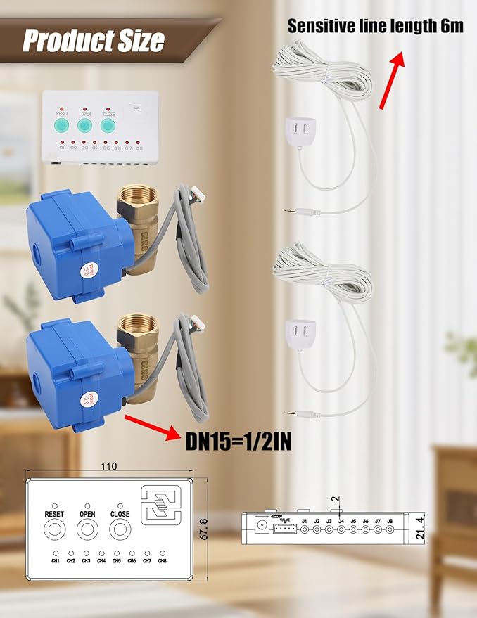 Water Leak Shut Off Valve System for 1/2 Inch Pipes, Dual BSP Valves with Alarm & Visual Alerts, Protection for Laundry, Water Heaters, Bathrooms