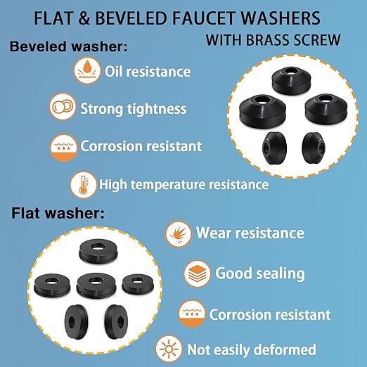 106 pcs Flat and Beveled Faucet Washers and Brass Bibb Screws Assortment for Use with Assorted Quick-Opening Style Faucets Stem Worn Out Washer Replacements Black