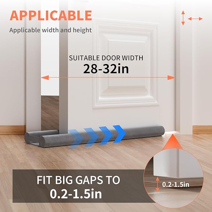 Door Draft Stopper for Bottom of Door, Under Door Gap Filler/Seal for Big Gap, No Folding Required, Flexible Installation Door Sweep soundproofing Strip for Home & Apartment, 28-32in, Grey