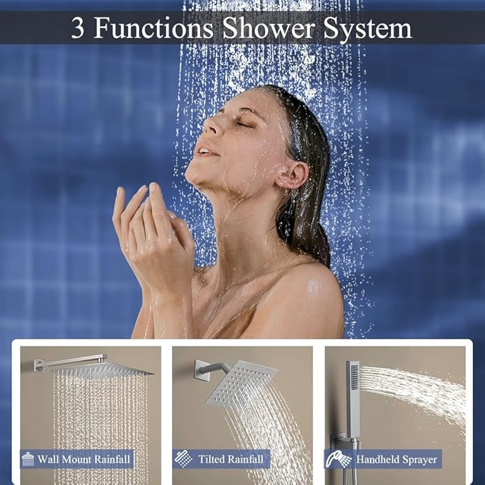 Shower Faucet Set Brushed Nickel Shower System, Knob Switch Diverter Shower Faucet with High Pressure Handheld Spray, Wall Mount 12 Inch Shower Head with 6 Inch Wall Mount Shower Head