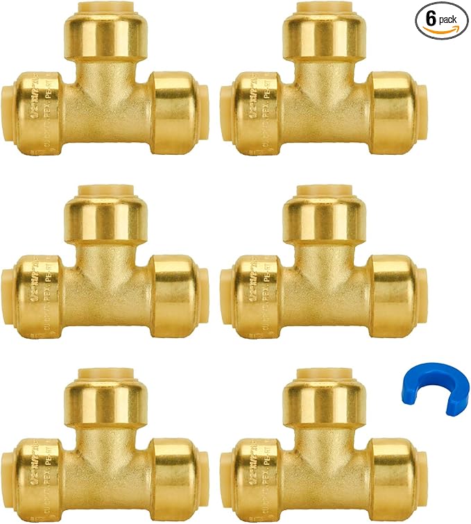 SUNGATOR 1/2 Inch Tee, Push Pex Tee Plumbing Fittings 1/2 Inch, No Lead Brass Push-to-Connect T Plumbing Fittings for PEX Pipe, Copper, CPVC Transition, with 1 Disconnect Clip, Pack of 6