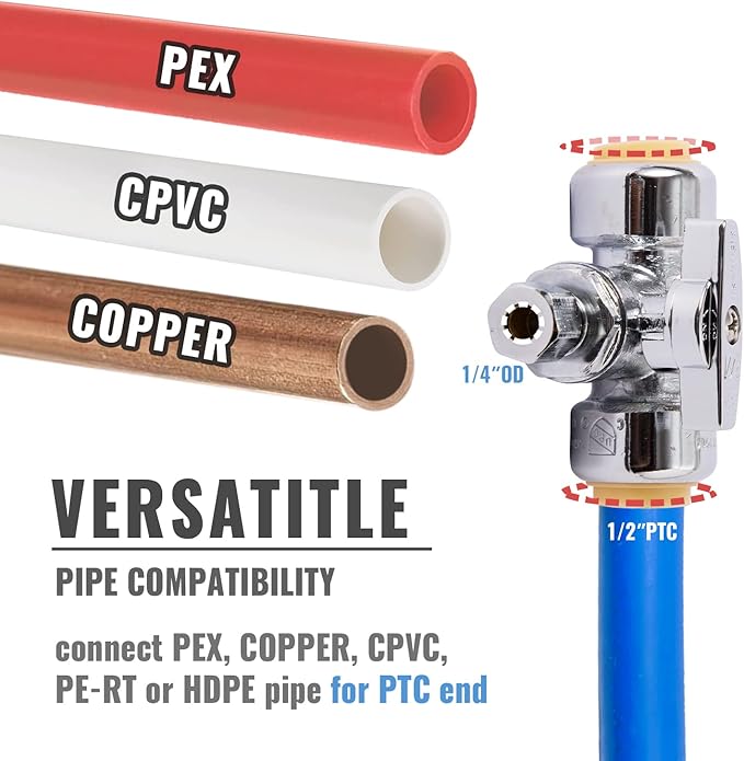 SUNGATOR Service Tee Stop Valve, 1/2" Ptc x 1/2" Ptc x 1/4" Compression, 1/4 Turn Push Fit Water Valve Shut Off Fitting with Disconnect Clip & Tape, Push-to-Connect, PEX, Copper, CPVC, No Lead Brass