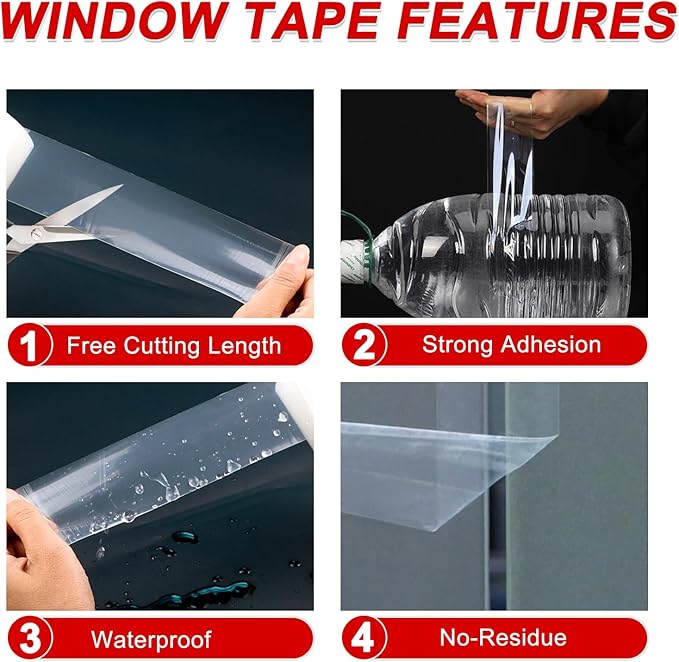 Transparent Window Seal Weather Sealing Tape 2 Inch x 35 Yards Weather Stripping Residue Free Clear Window Insulation Tape for Shower Glass Gaps and Doors Windproof Tape