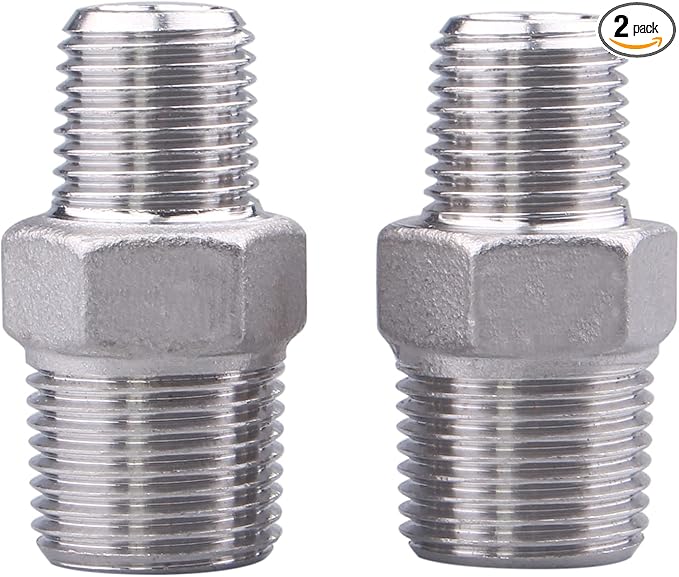 SUS304 Reducer Hex Nipple - 1/4" Male NPT x 3/8" Male NPT Stainless Steel Connectors Threaded Pipe Fitting (Pack of 2)