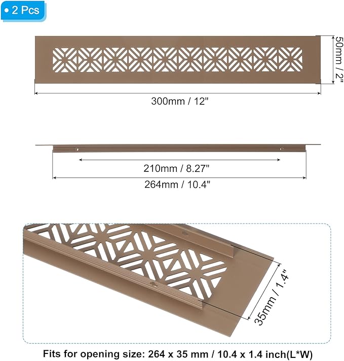 PATIKIL 12 x 2 Inch Door Air Vent Cover, 2 Pcs Heavy Duty Aluminum Grille Ventilation Cover Louvered with Mounting Screws for Cabinet Wardrobe Door, Brown