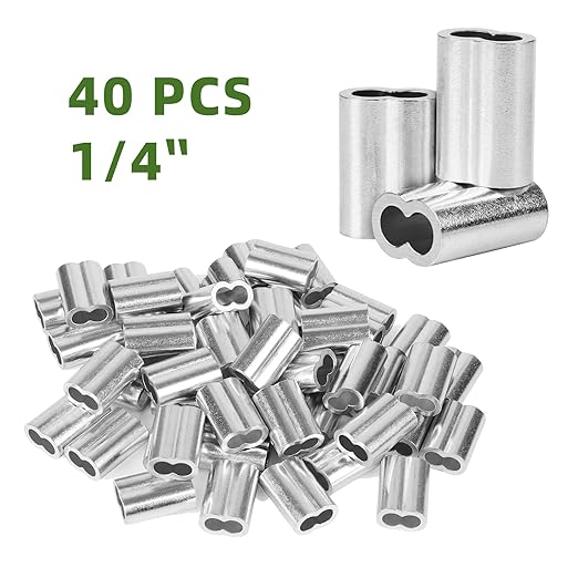 1/4" (40 PCS) Aluminum Wire Rope Sleeves, Crimping Loop Sleeve for 6mm Diameter Cable and Wire Rope, Double Barrel Crimp Sleeves Cable Ferrule for DIY, Fishing, Home & Crafts