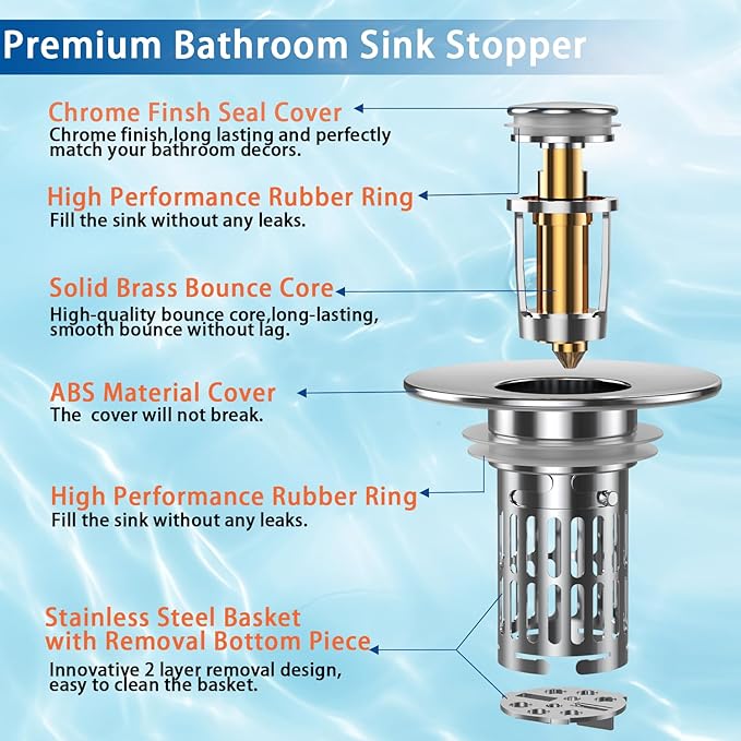 Bathroom Sink Drain Strainer, Pop Up Sink Drain Filter with Removable Stainless Steel Filter Basket Hair Catcher, Sink Drain Strainer, for Us Bathroom Sink Stopper Replacement