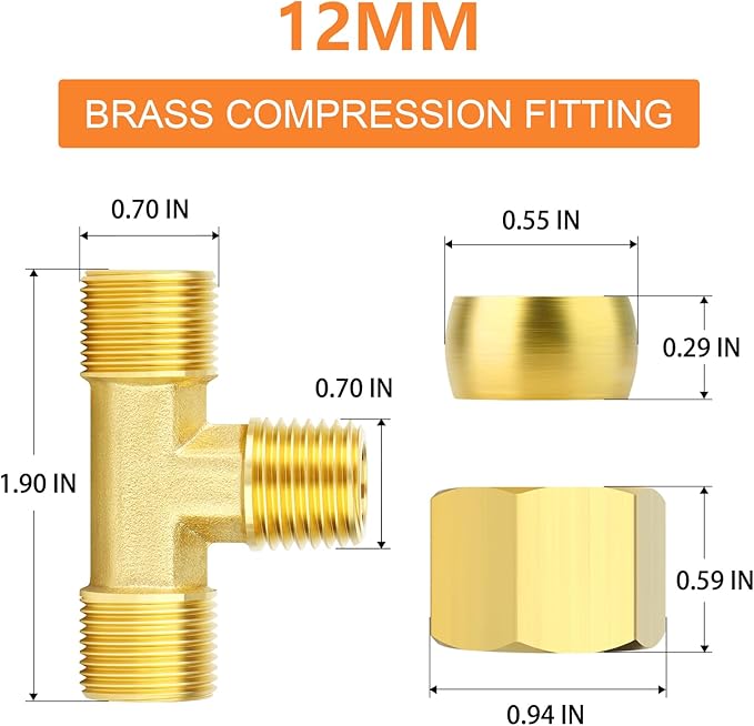 GASHER 2PCS Brass Compression Tube Pipe Fitting Connector, Tee，12mm x 12mm x 12mm Tube OD Connector