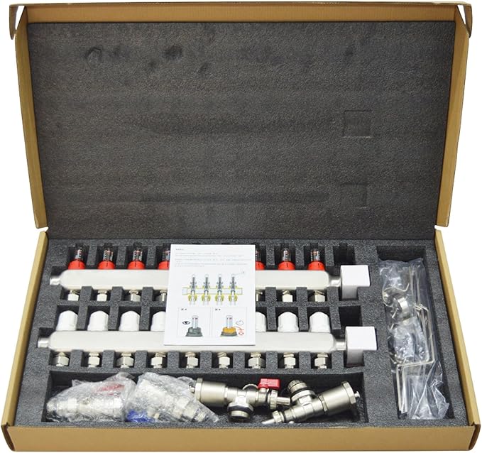 9 Branch PEX Radiant Floor Heating Manifold Set Floor Heating Water Distributor 1/2" Pipe Adapter 308 Stainless Steel and Brass, for Heating Systems
