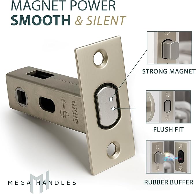 Mega Handles Magnetic Tubular Door Latch - 3 Inch Magnetic Exterior Door Latch, Standard Door Latch Replacement Suitable for Every Door Handle & Knob Brand - Satin Nickel
