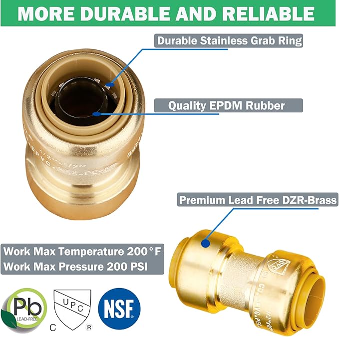WHK 12 Pack 1/2" Push-to-Connect Plumbing Fittings,Straight Push Fittings 1/2 Pushfit Coupling Kit with Disconnect Clip,Brass Push Fit Connector for Copper, PEX, CPVC Pipe(Certificate)