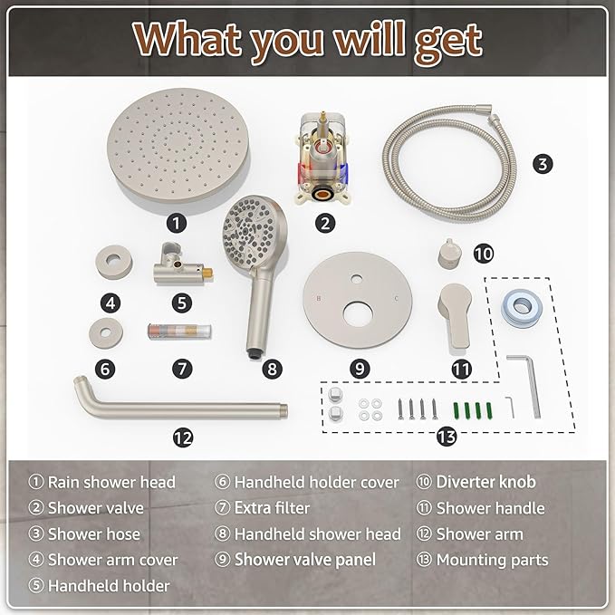 Iriber Brushed Nickel Round Rain Shower System Faucet Set，Bathroom Filtered Shower Head with Handheld, 9 Spray Mode Showerhead with Filters,Shower Valve Trim Kit Contain Cartridge,10 Inch