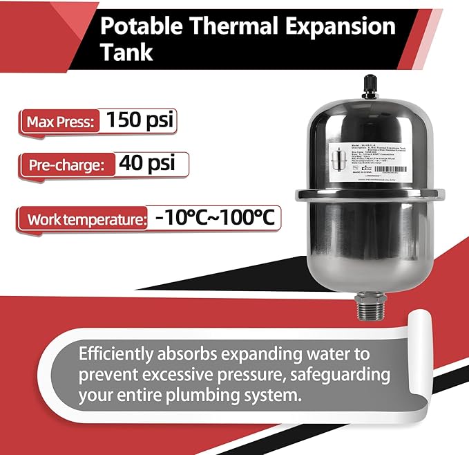 EFIELD 10-Gallon Capacity Stainless Steel Expansion Tank (1 L), Hammer Arrestor with 1/2 Inch Threaded for Tankless Water Heater, Water Dispensing/Beverage Appliances (TANK005)