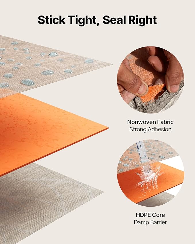 VEVOR Waterproof Membrane for Shower, 3.3 x 131.7 ft 432 sq.ft Waterproofing Tile Membrane, 20 mil Thickness Polyethylene Fabric Roll, Easy to Cut for Bathroom, Kitchen, Sauna, Walls, Underlayment
