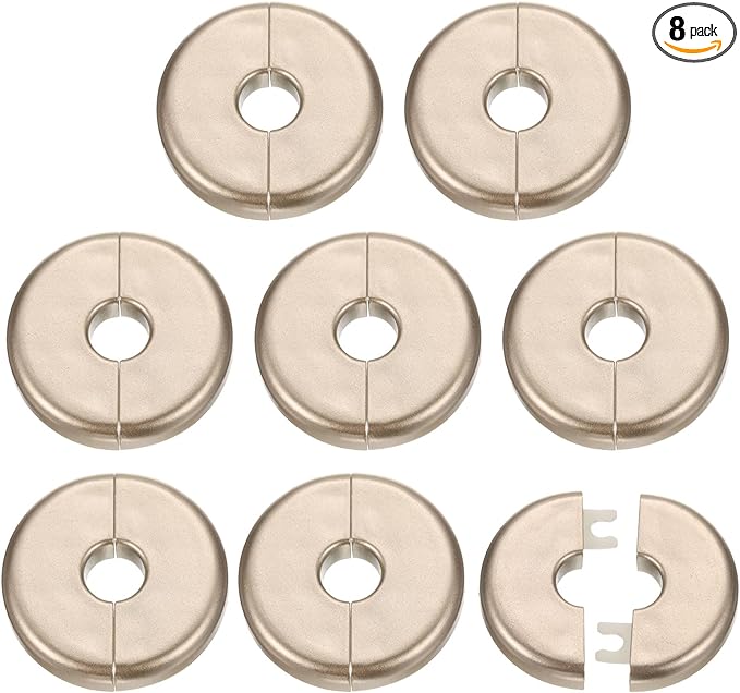 HARFINGTON 8pcs Wall Split Flange 11mm/0.4" Self-Adhesive Plumbing Cover Plates ABS Plastic Round Escutcheon Plate Buckle Design for Water Pipe Bathroom Kitchen Decoration, Gold Tone