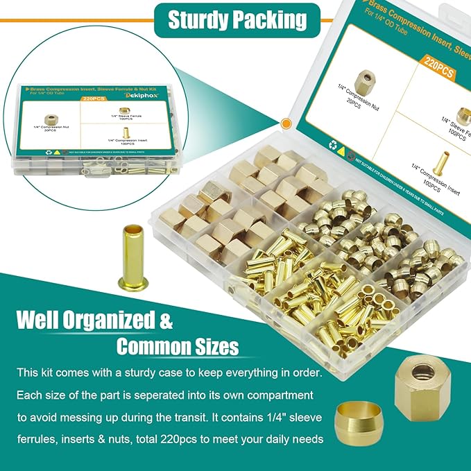 220PCS 1/4" Brass Compression Sleeves Ferrules Inserts Nuts Assortment Kit for Air Water Fuel Oil Line Connection and Inert Gases