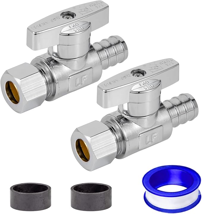 1/2 Pex Straight Stop Valve Sink Toilet Shut Off Valve,2 Pack Turn Straight Stop Valve 3/8" OD Compression X 1/2" Barb Crimp Pex LF Chrome Plated Brass with 2pcs