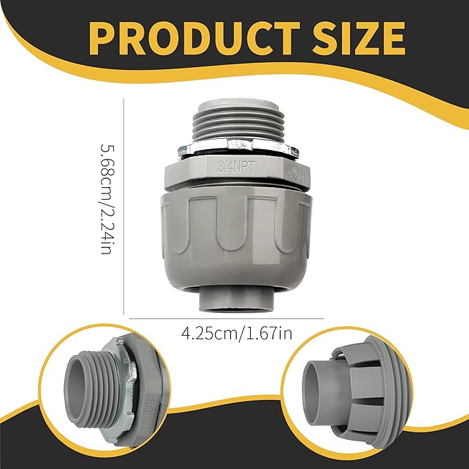 Conduit Connectors, 3/4 Inch Liquid Tight Connector NPT Non-Metallic for PVC Electrical Flexible Conduit Fittings, 180 Degree Straight, UL Listed for Home Outdoor Tubes Tools, Grey (10-Pack)