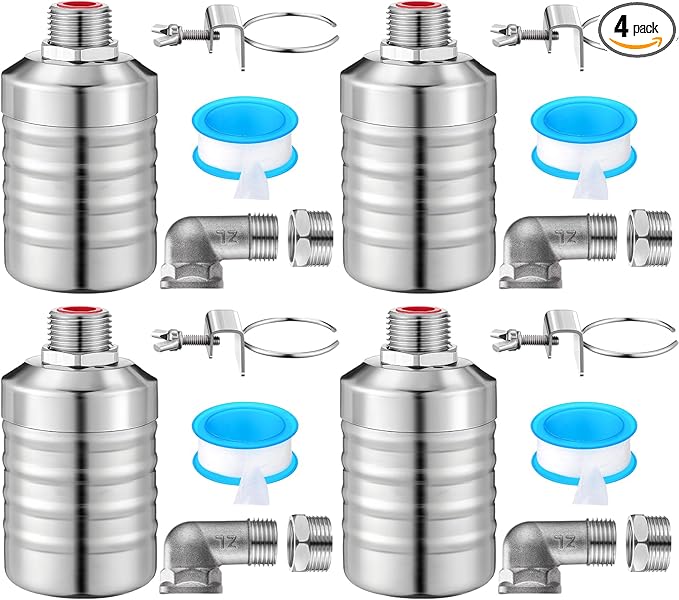 4 Pack Water Float Valve 1/2" to 3/4'' Auto Shut off Water Tank Float Valve 304 Stainless Steel Fully Automatic Level Control for Pool, Livestock Troughs (Classic Style)