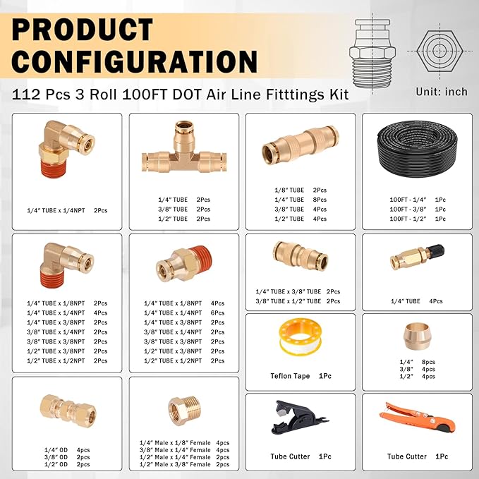 CheeMuii 112 PCS Brass DOT Air Line Fittings with 3 Roll 100FT 1/4" 3/8" 1/2" DOT Air Lines Kit Push Lock Air Fitting Quick Connect Air Fittings with Air Hose Pneumatic Tubing