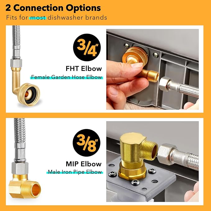 Dishwasher Hose Installation Kit - Includes Water Supply Line, 3/8" Compression Water Splitter, 3/4" FHT Elbow, and 3/8" MIP Elbow (4 FT)