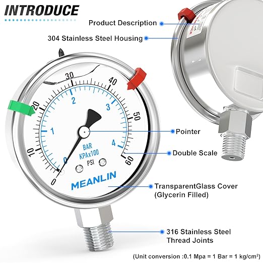 MEANLIN MEASURE 0~60Psi Liquid Filled Pressure Gauge Stainless Steel 2.5" FACE DIAL 1/4" NPT 316 Stainless Steel Joint for Pool Filter Pump Water Oil Air Compressor Lower Mount, with 2PCS Snaps