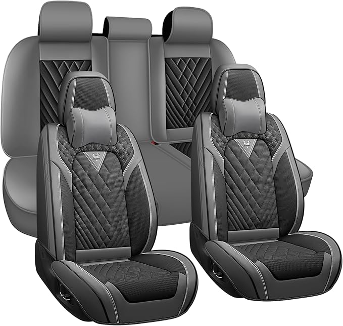 Car Seat Covers for Jaguar E-PACE 2018-2024,Breathable Nappa Leather Car Seat Protector,Full Seat Cover with Pillow Automotive Seat Cushion with Airbag Compatible(5 Seats,Gray-Black)