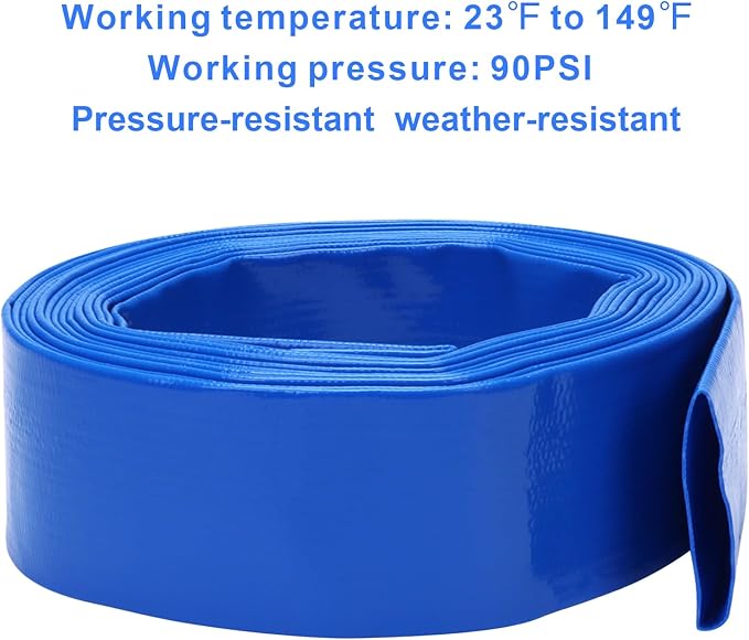 Lay-Flat Pool Backwash Hose - 2" x 25Ft Reinforced Heavy Duty PVC Discharge Hose Weather-Proof Vinyl Pool Drain Hose for Water Transfer with 2 clamps