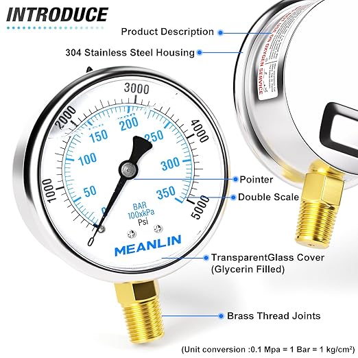 MEANLIN MEASURE 0~5000Psi Stainless Steel 1/4" NPT 2.5" FACE DIAL Liquid Filled Pressure Gauge WOG Water Oil Air Lower Mount, with 1/2" NPT and 3/8" NPT Hex Bushing